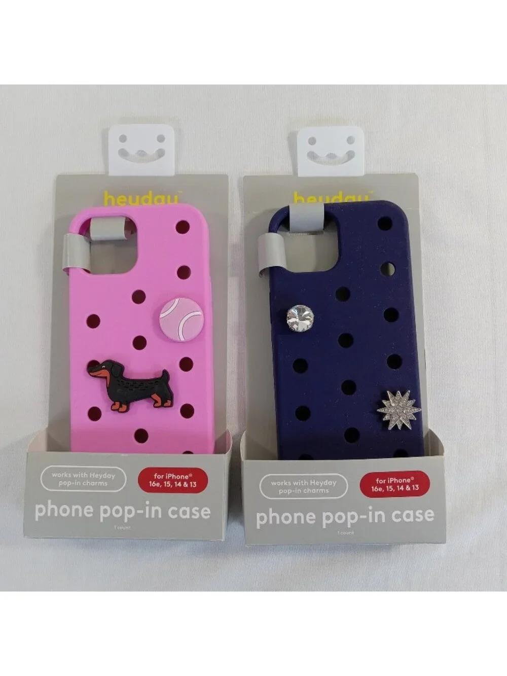 2 Heyday iPhone 16e 15 14 13 Pop-In Cases Silicone Pink Dachshund Navy Blue Star